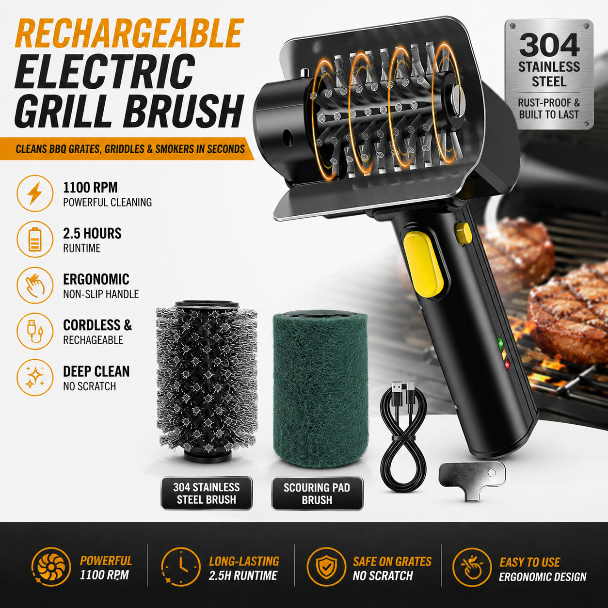 Commercial Kitchen Cleaning - Rechargeable Electric Grill Brush 1100RPM Barbecue