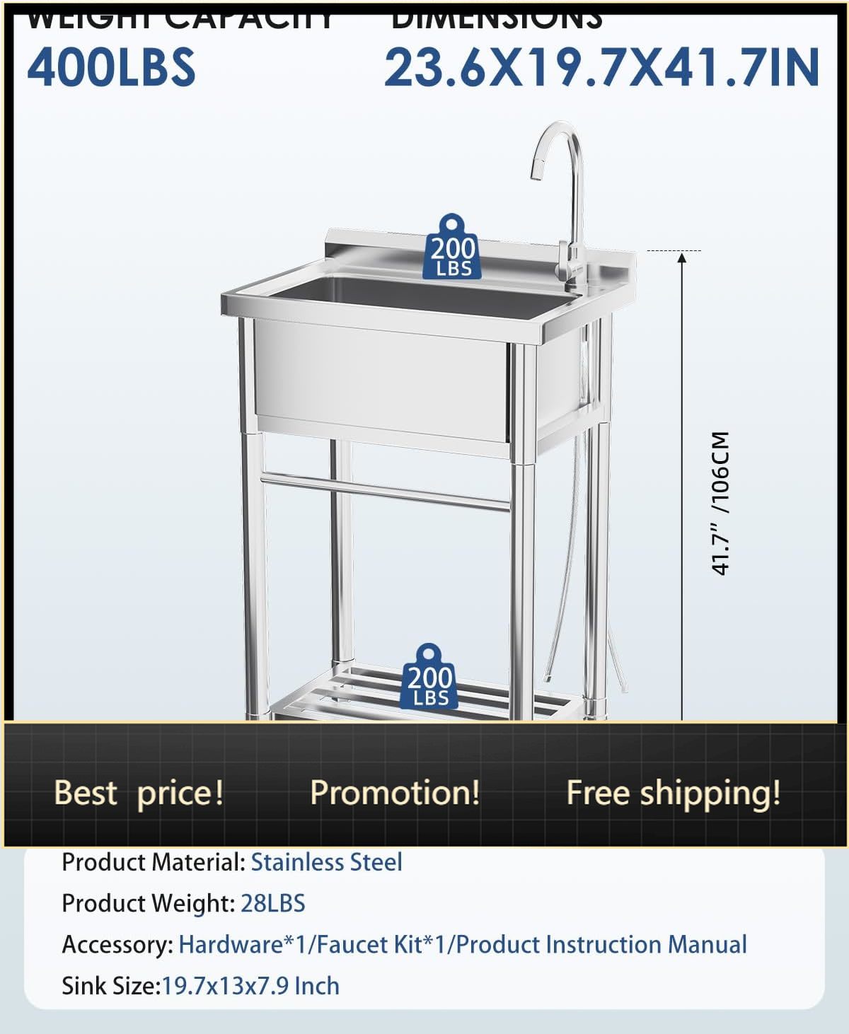 Commercial Kitchen Faucets - Stainless Steel Utility Sink, Free Standing
